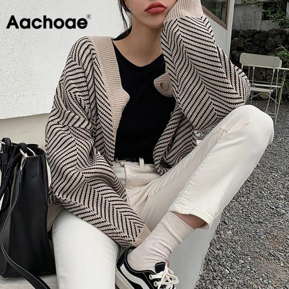 Knitted Striped Cardigan Sweater Women